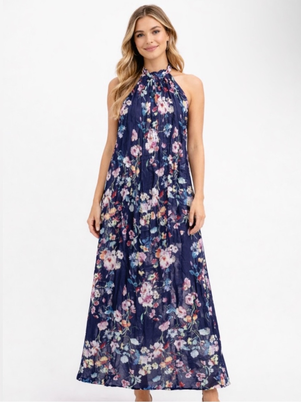 Bellambra Maxi Dress Made in Italy Silk Blend Navy Blue Floral Halter Flower